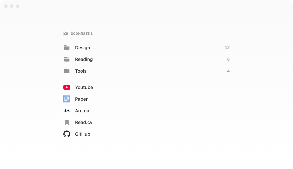 Better Bookmarks showing Design, Reading and Tools folders, with a list of saved websites.